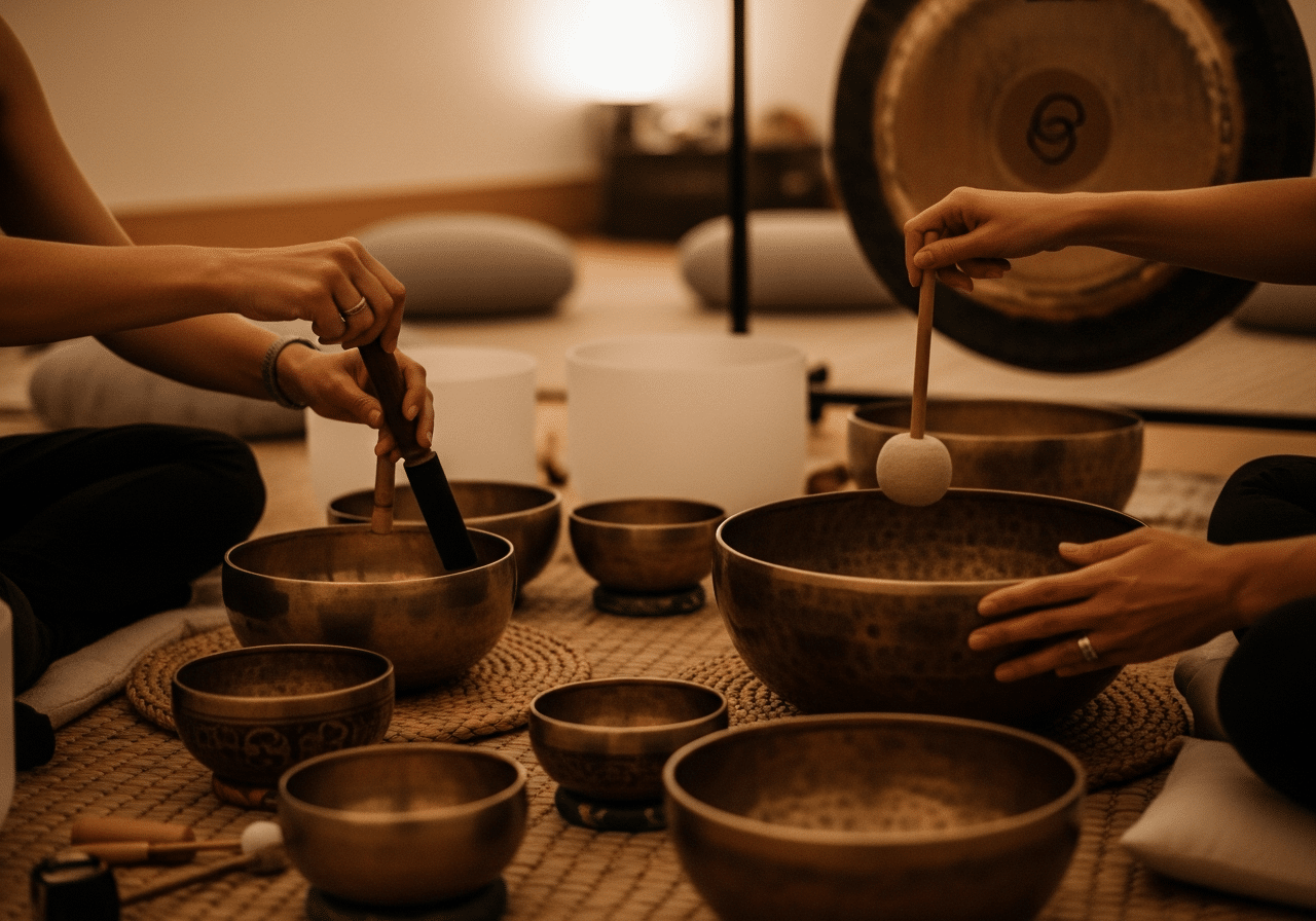 Bain sonore en groupe : déroulement, bienfaits et publics d'une séance de sonothérapie collective 2 Mains jouant les bols tibétains et gongs en sonothérapie collective pour relaxation profonde