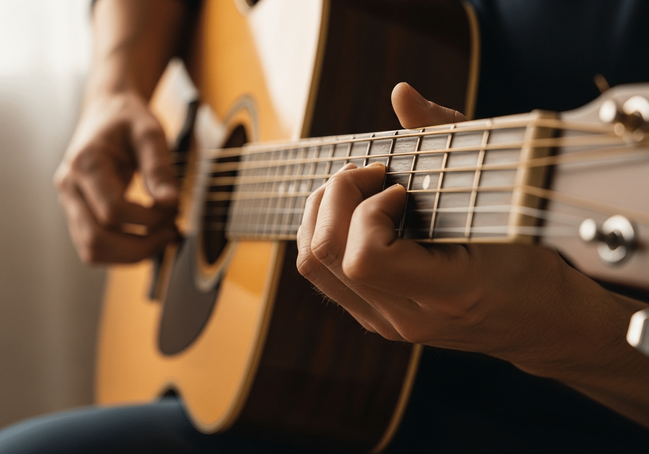 Musicothérapie réceptive ou active : comment choisir la bonne approche selon vos besoins ? 1 Mains jouant de la guitare acoustique en gros plan, approche musicothérapie active