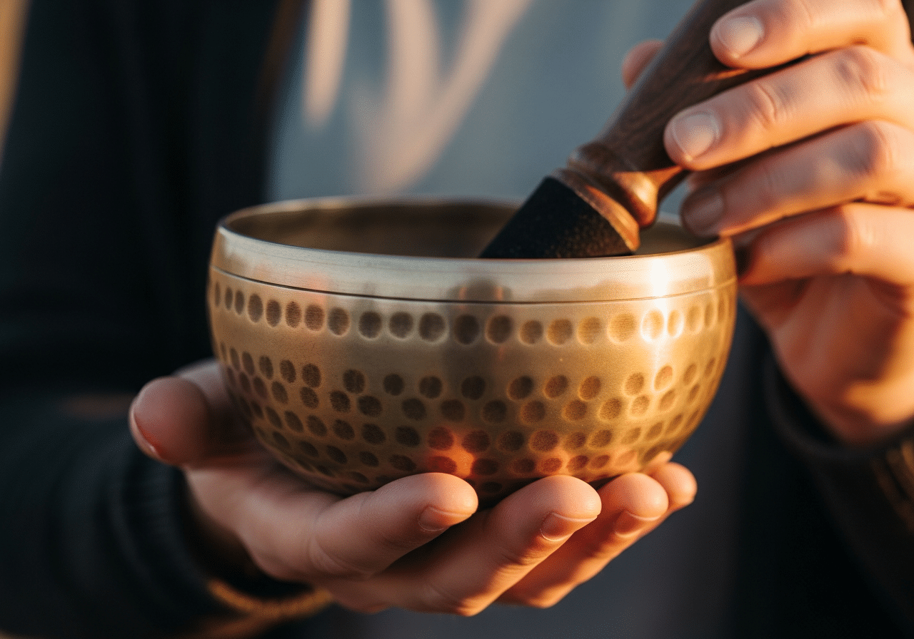 Musicothérapie réceptive ou active : comment choisir la bonne approche selon vos besoins ? 2 Bol chantant tibétain entre les mains, musicothérapie réceptive et apaisante