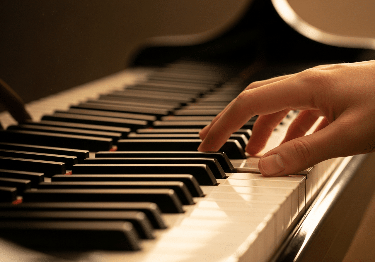 Musicothérapie en EHPAD : ce qui se passe vraiment quand la musique entre dans la chambre 2 Main jouant sur touches de piano, noir et blanc en lumière chaleureuse.