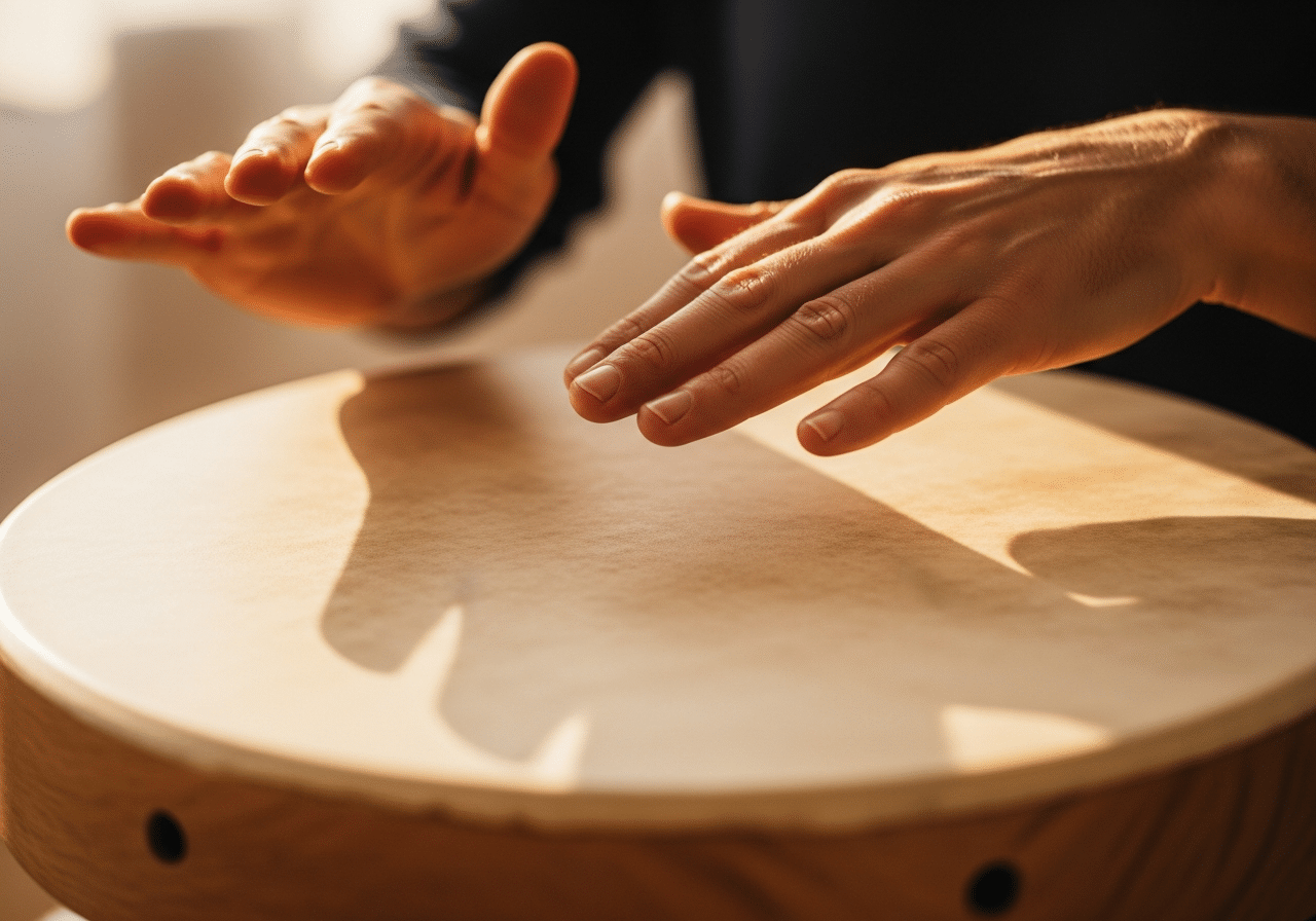 Médiation musicale et TSA en IME : comment l'intégrer vraiment dans les projets d'accompagnement 1 Mains adultes jouant un tambour sur cadre, peau tendue et cordages visibles, lumière chaleureuse.