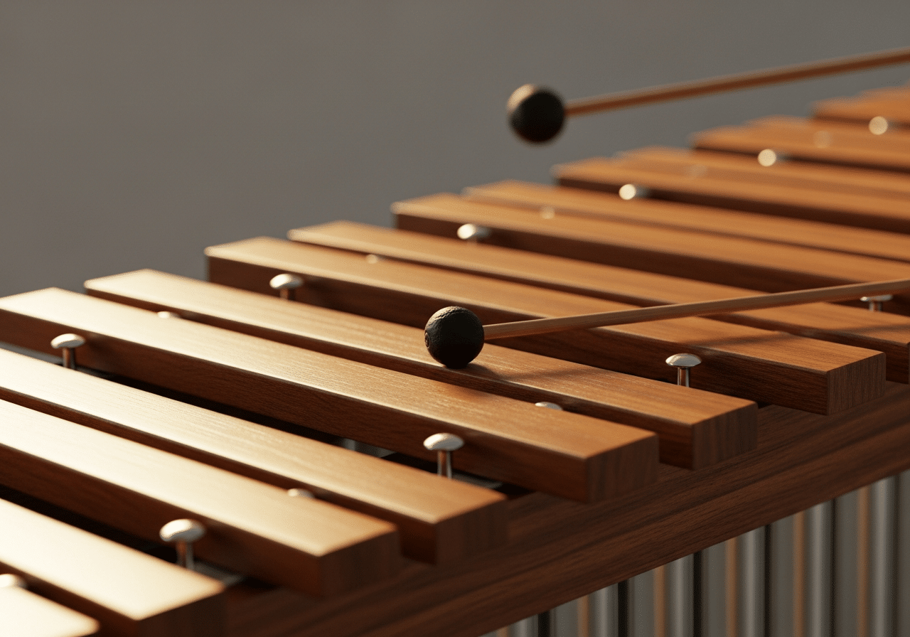 Médiation musicale et TSA en IME : comment l'intégrer vraiment dans les projets d'accompagnement 2 Xylophone en gros plan, lames de bois décroissantes frappées à la mailloche, détail des caisses de résonance.