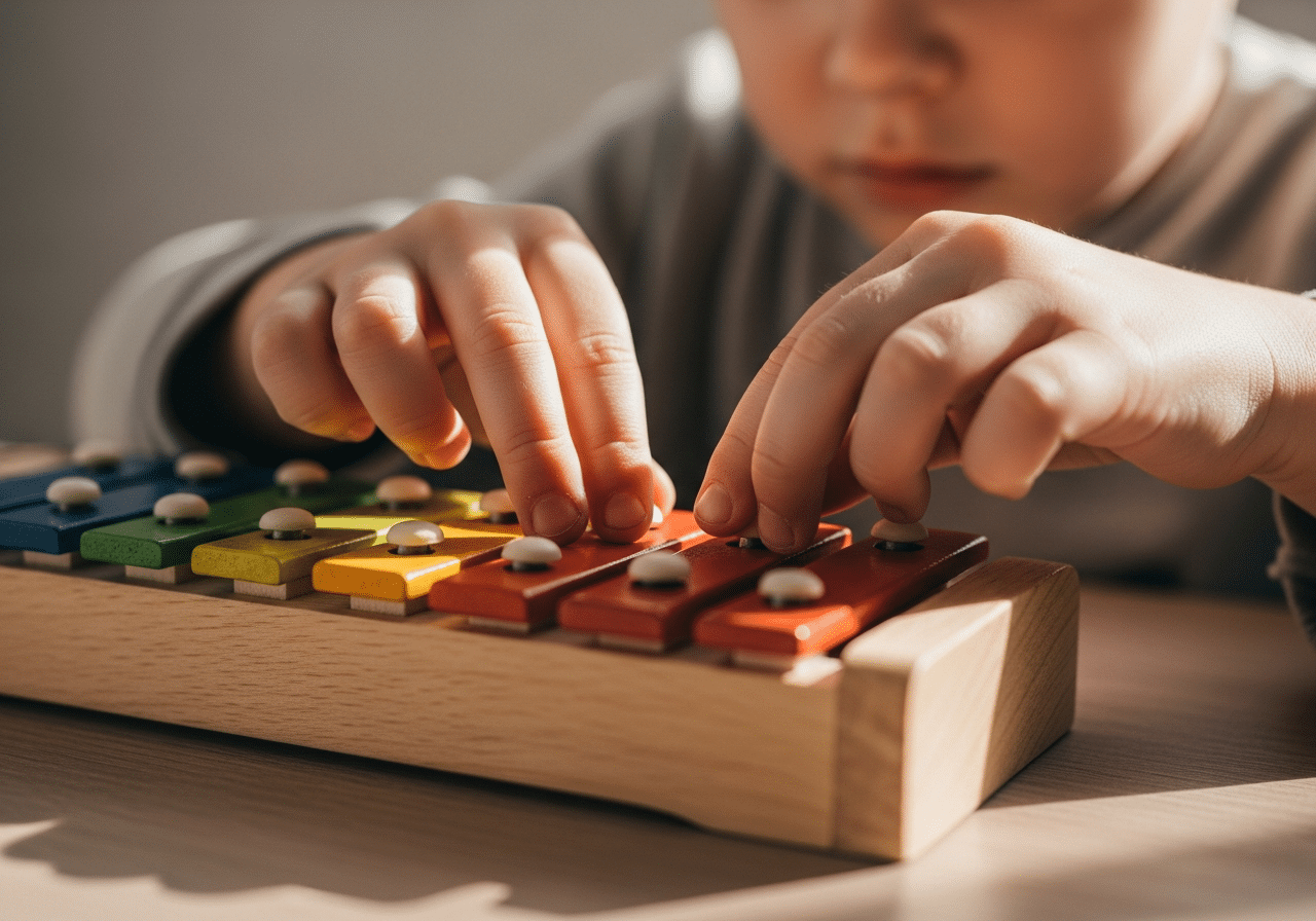 Pourquoi fabriquer son instrument de musique décuple l'engagement des enfants dans les apprentissages 1 Enfant assemblant les lames colorées d'un xylophone en bois, apprentissage par la fabrication.