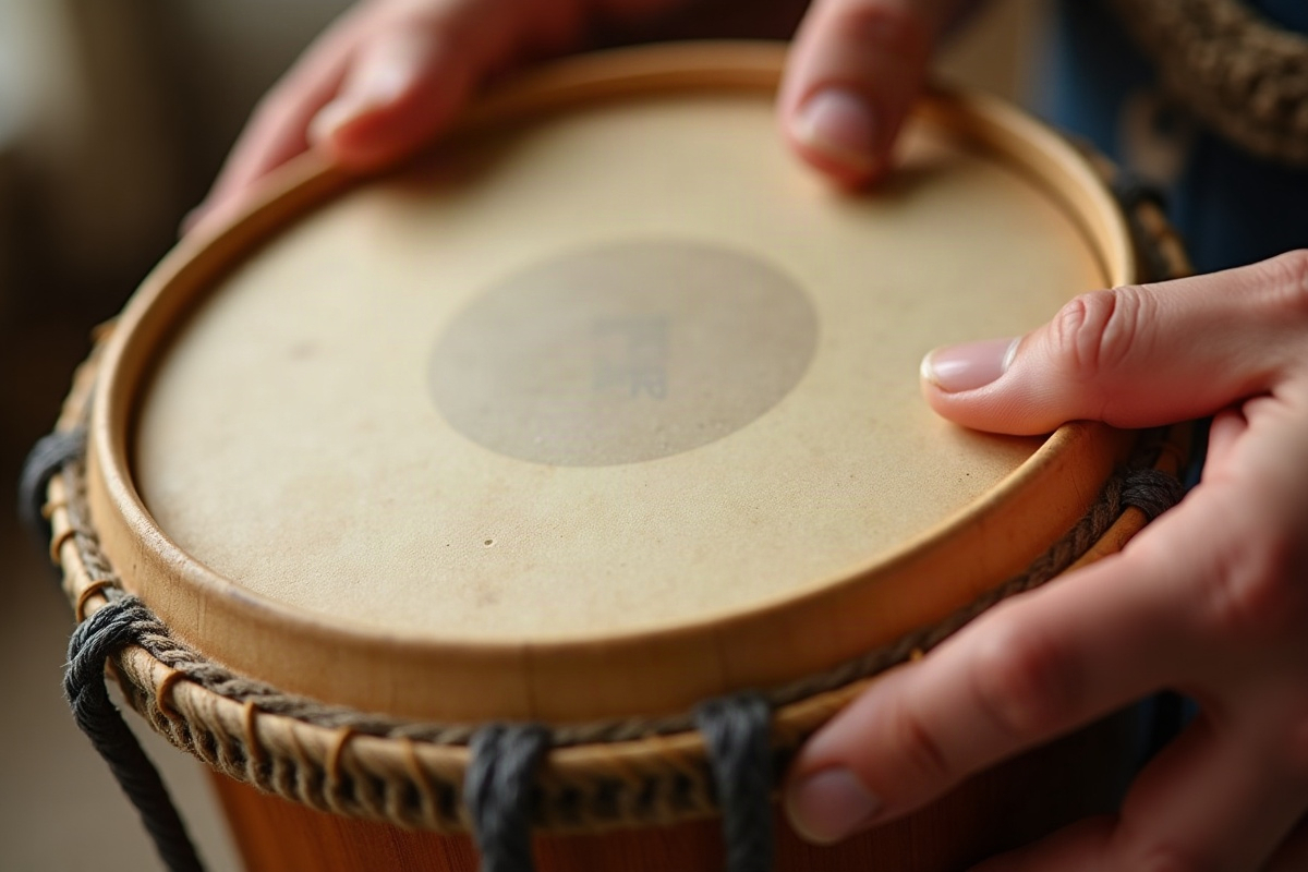 Art-thérapie pour les proches aidants : quand prendre soin de soi devient un acte thérapeutique à part entière 2 Frame drum frappé délicatement, peau tendue et cadre en bois naturel avec lumière douce