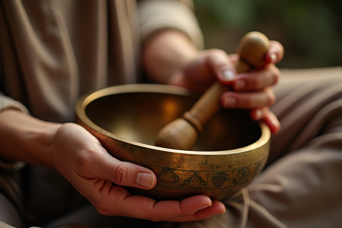 Art-thérapie pour les proches aidants : quand prendre soin de soi devient un acte thérapeutique à part entière 1 Mains d'adulte jouant un bol chantant tibétain, lumière chaleureuse