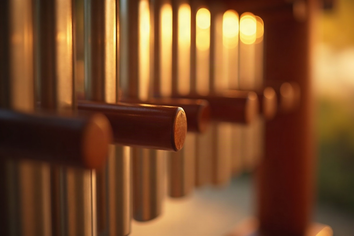 Ce que la musique fait au lien parent-bébé : musicothérapie et éveil sonore en période périnatale 2 Carillon Koshi aux tubes métalliques délicats effleurés par les doigts, lumière chaleureuse et apaisante.